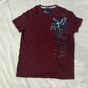 American Eagle Outfitters Men's Burgundy Graphic Tee y2k
